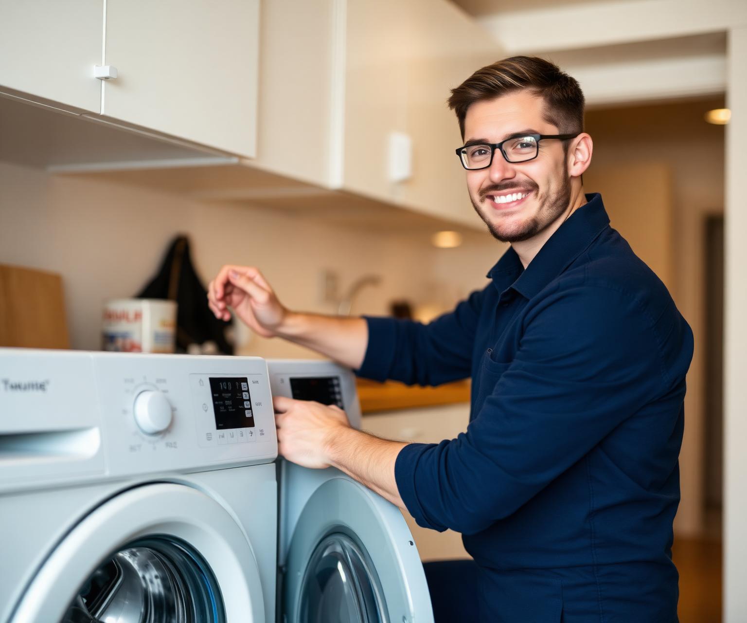 Smiling FixWell technician repairing a washing machine